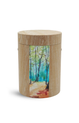 Runde Urne aus Zellulose mit Waldmotiv